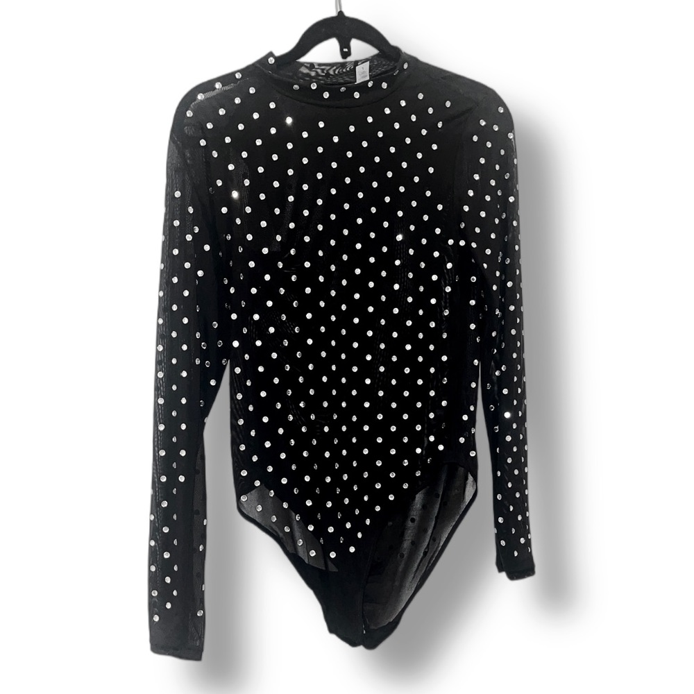 NWOT BLACK SHEER MESH RHINESTONE BODYSUIT SIZE L